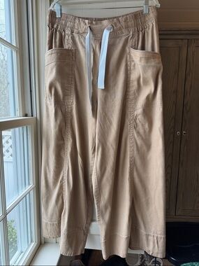 Anthropologie Wide-Leg Utility Pants in Light Tan with White Drawstring